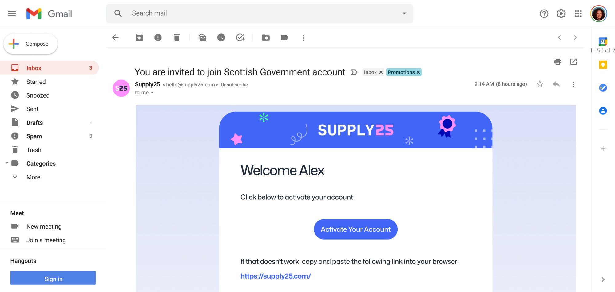 The welcome email asking you to click the Activate Your Account link.